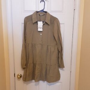 Zara Khaki Tiered Button-Up Dress